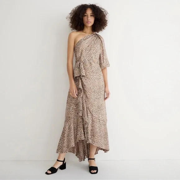 NWT J. Crew Collection Leopard Print One-Shoulder Ruffle Hem Midi A-Line Dress - Picture 3 of 17